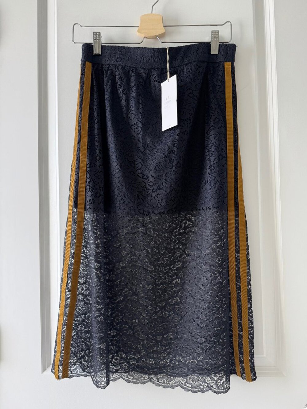 ZARA Lace Midi Skirt – Navy – Brown Side Stripe – Size M – NWT